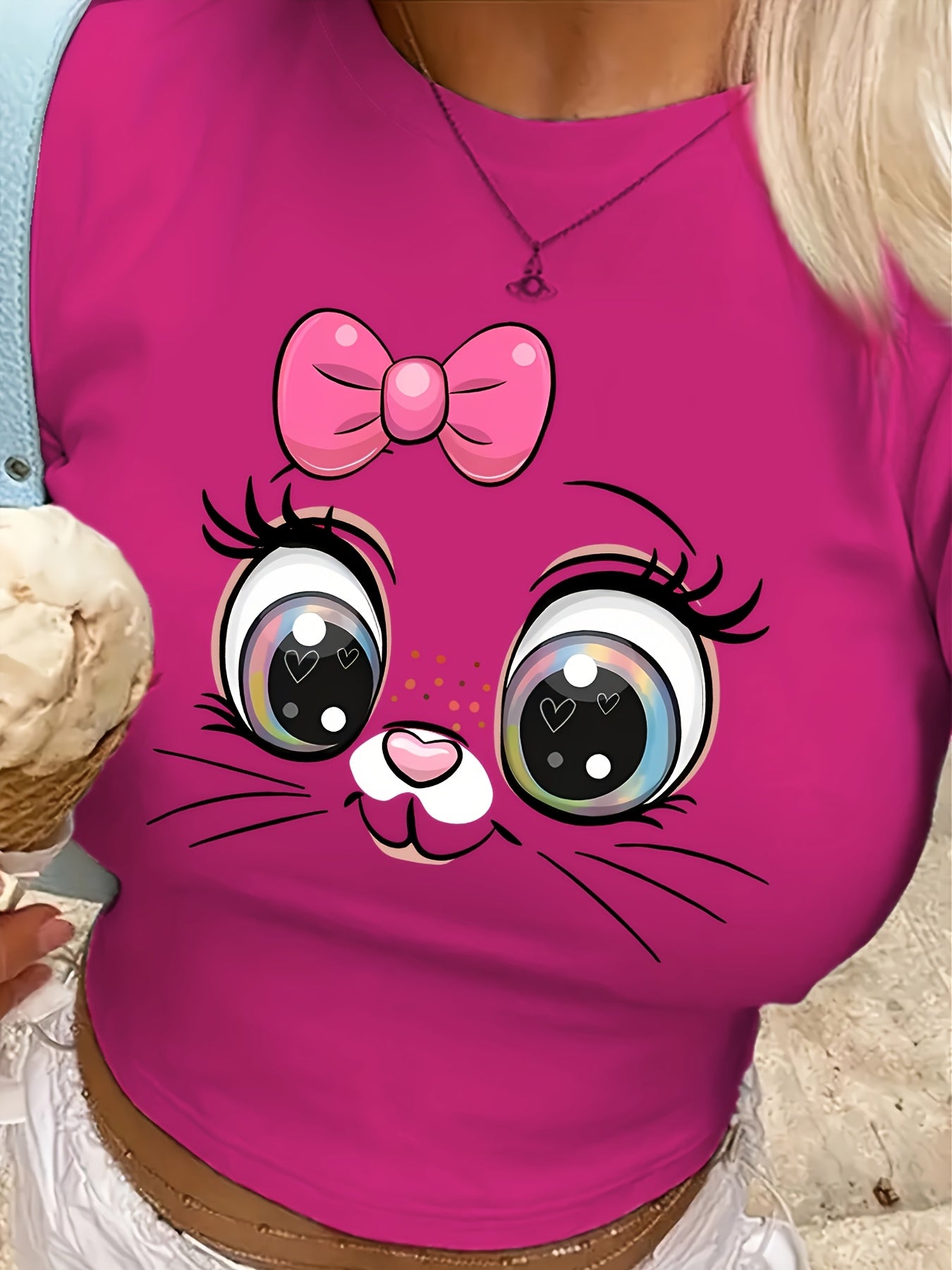 Cartoon Rabbit Graphic Print Cropped Top T-Shirt - Y2K Round Neck Fitted Cropped T-Shirt Made of a Polyester And Spandex Blend (95% Polyester, 5% Spandex) for Spring And Summer.